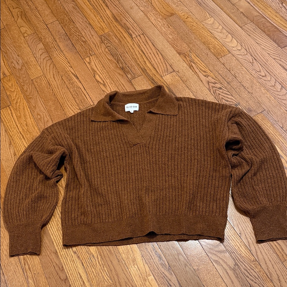 Olive & Oak Chestnut Brown Ribbed Collared Knit - Picture 1 of 7